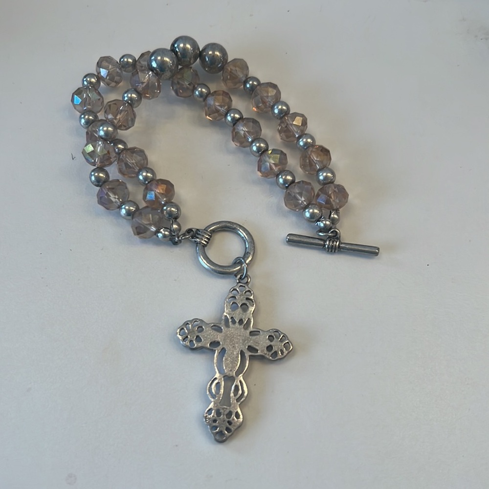 DoubleStrand Iridescent CrystalBeads & Silver Beads Bracelet with filigree Cross - Picture 2 of 5